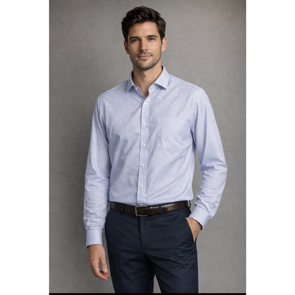 Dustin Mens Dress Shirt Blue Stripe Button Front Long Sleeve Cotton Blend NWT 17